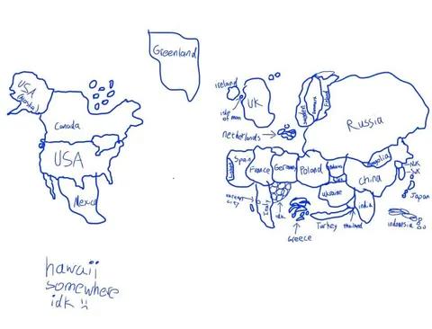 Guess which country I am from based on how well I drew the world map from memory