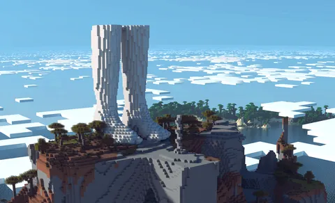 My monument to the upcoming world height expansion and the legacy of the 256-block limit: A statue stands on the highest point in my world only to be cut off at the build limit, representing the player's ambition versus the limits imposed by the game.