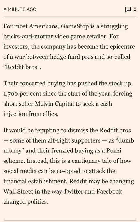 The Financial Times are attempting to link WSB with the alt-right. Do not let the mainstream media villainise our community and push this narrative.
