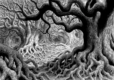 Forest of roots (Berserk), Kentaro Miura, ink drawing, 1998