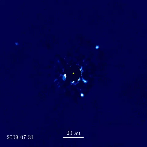 On November 13th, 2008 using near-infrared adaptive optics observations with the Keck and Gemini telescopes, astronomers for the first time have taken snapshots of a multi-planet solar system - HR 8799 star with its companions. Here you can see an animation of planets moving around this star.