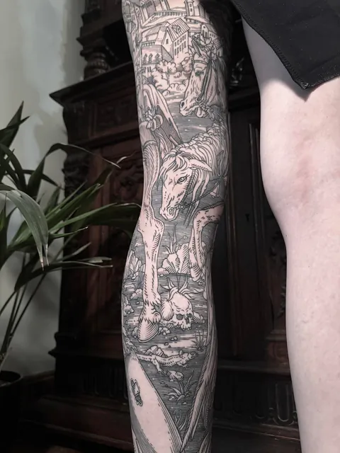 Full leg tattoo made by me (Ivan Zagusta) at Zaraza tattoo shop in Warsaw, Poland