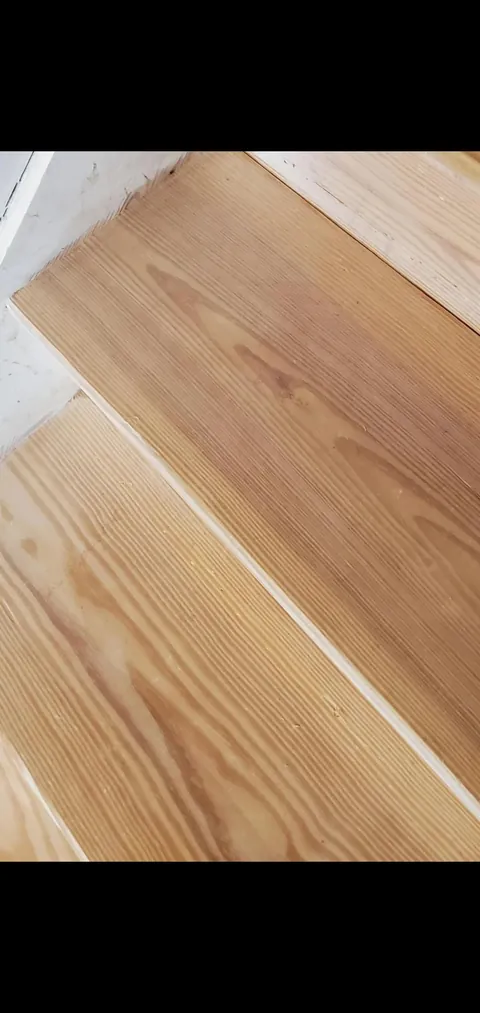 Carpeted pine stairs → sanded and stained wood (first woodworking project from start to finish)