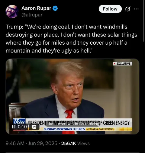 Apparently using clean energy that will not only help with rising electricity costs but keep this world sustainable for us and future generations is “destroying our place.”