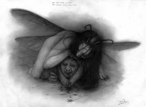 The wasp fairy, huntress of men.  When I designed this creature, I intended to make her both sensual and horrifying, and that’s exactly how she is. But when her hunting strategy fails (when she fails to seduce the prey) the monstrous and violent side takes over