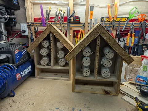 Built two Bee Boxes for solitary bees w/ lower pine cone nest compartment, as Xmas gifts for the gardeners' Mom &amp; MIL