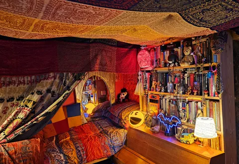 Converted cupboard under the stairs into a teeny bedroom ✨️💜