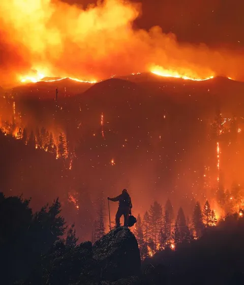 PsBattle: Fire Fighter in front of Californian wildfires