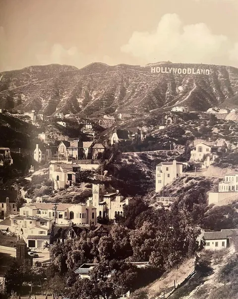 A panoramic view of the Hollywood Hills, showing the original real estate adverting signage, Hollywood, Los Angeles, California, USA, 1926.