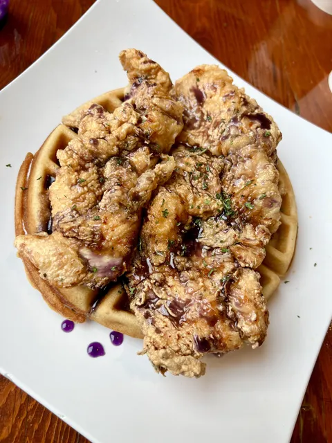 Chicken &amp; waffles with purple ube syrup