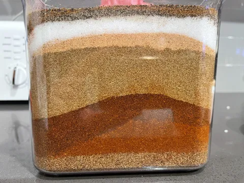 7 sets of my chili’s seasonings, pre-measured, before mixing.