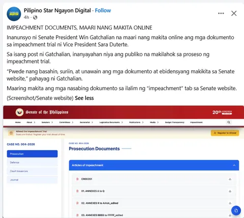 Inanunsyo ni Senate President Win Gatchalian na maari nang makita online ang mga dokumento sa impeachment trial ni Vice President Sara Duterte.