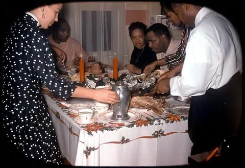 Kodachrome slides from a christmas diner party in the 1950s. It appears the whole family was there