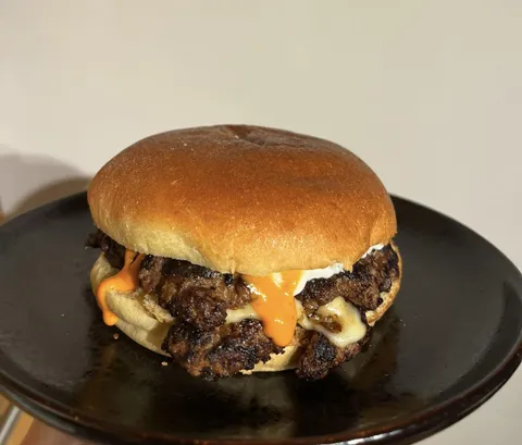 [Homemade] double smash burger with cheese, onion and siracha mayo