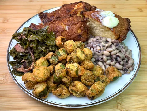 Fried Chicken, Cornbread, Black-Eyed Peas, Fried Okra and Collards