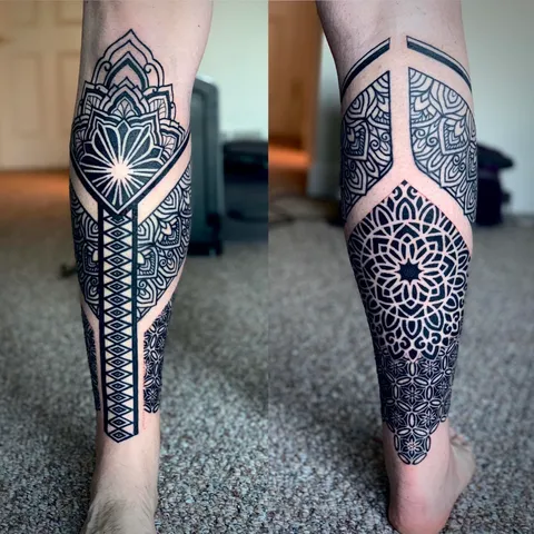 Ornamental leg half-sleeve (fresh) done by Oliver Kenton and Jakab Dezsö at Temperance Tattoo in San Francisco, CA