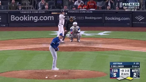 Bluejays Jeff Hoffman strikes out Yankees Cody Bellinger to seal a 5-2 victory and send the Bluejays to the ALCS