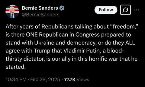 Bernie Sanders' tweet following the Trump-Zelensky meeting