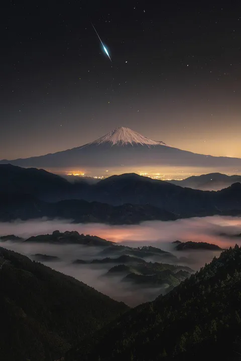 A meteor over Mount Fuji