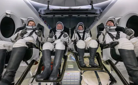 NASA’s SpaceX Crew-11 astronauts and cosmonaut after splashing down on 15 Jan 2025