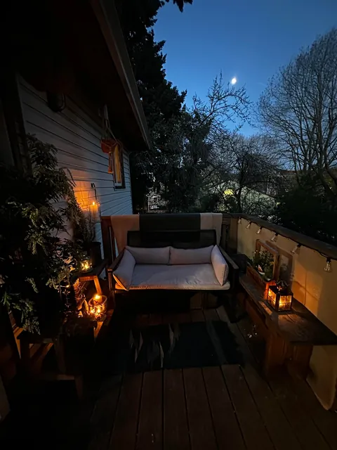 Making my tiny porch into a tiny cozy space. Dusk, day and night.