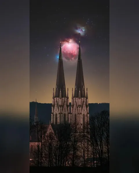 The Orion Nebula between two Church Towers, from the position of the photographer (2025). Composite image. By andersart.ig