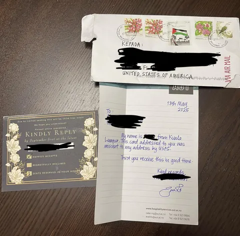 Wedding RSVP mailed by friends that live 30 mins away somehow was sent to Malaysia and then sent back to us by stranger