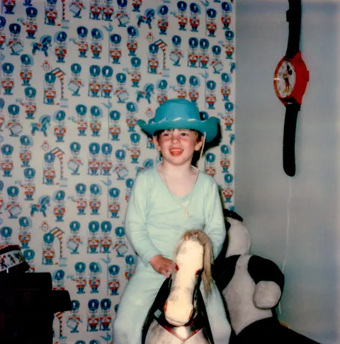 My grandpa riding a rocking horse ca. 1912, me riding the same horse in 1974, and a current photo of the rocking horse as it looks today.