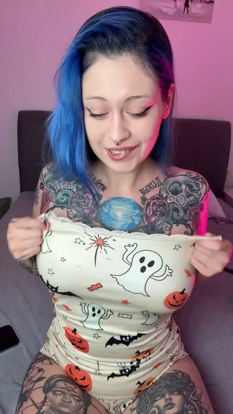 Blue hair with a big tits