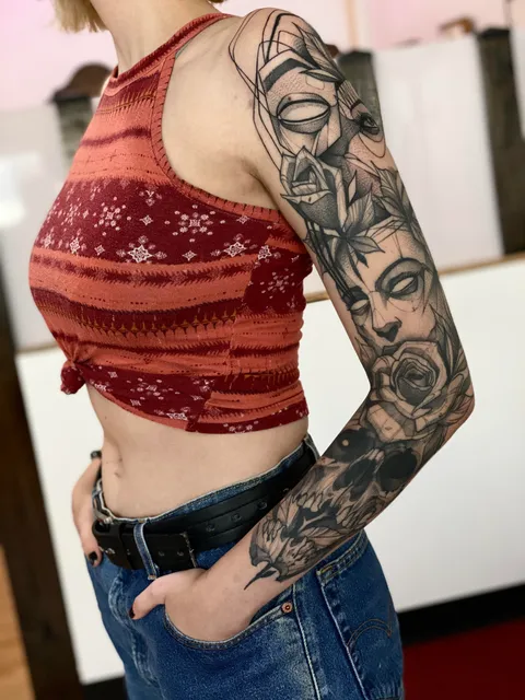 Blackwork sleeve progress from Max LaCroix at Akara Arts in Milwaukee, WI