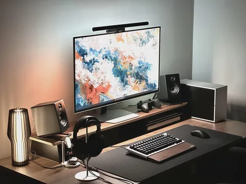 Silver and black desk setup