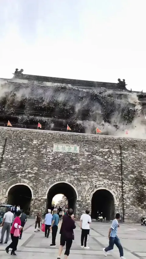 The roof of drum tower in Fengyang, China, has collapsed
