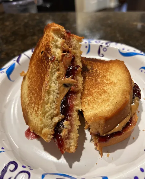 [homemade] Butter-grilled pb&amp;j, served on a paper plate