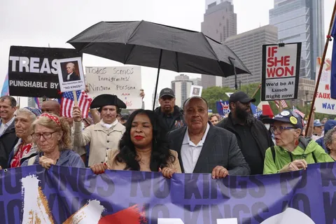 Martin Luther King III and his wife marching at a No Kings Protest in Philadelphia today
