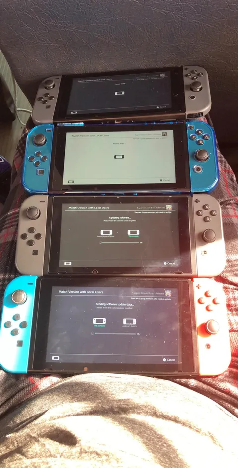 Coming home from a trip and I had smash updated to 2.0.1 and everyone else was on 2.0.0. Turns out you can update other switches games locally.
