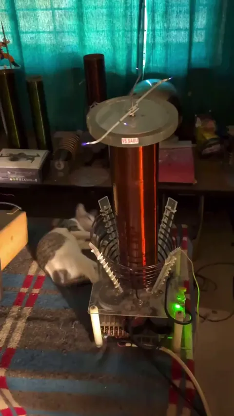 A custom-built 300,000V plasma propeller operating at high voltage