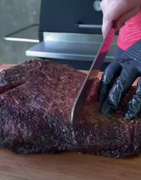 Beautiful smoke ring on sliced brisket