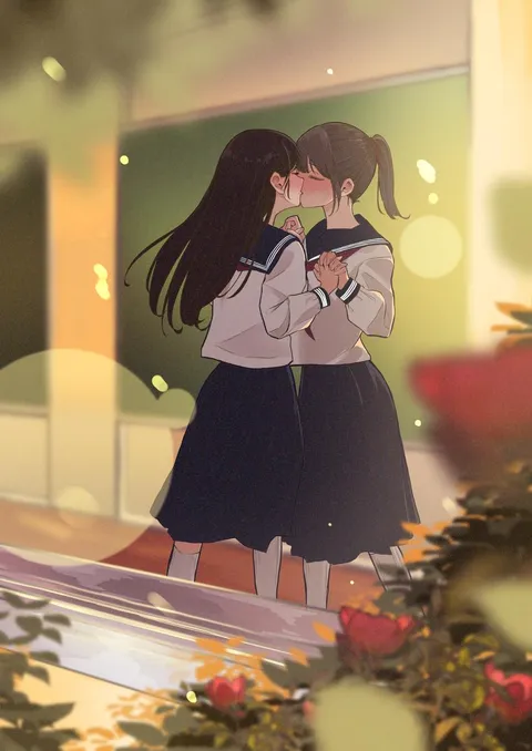 Fingers interlocked as they kiss [Original]