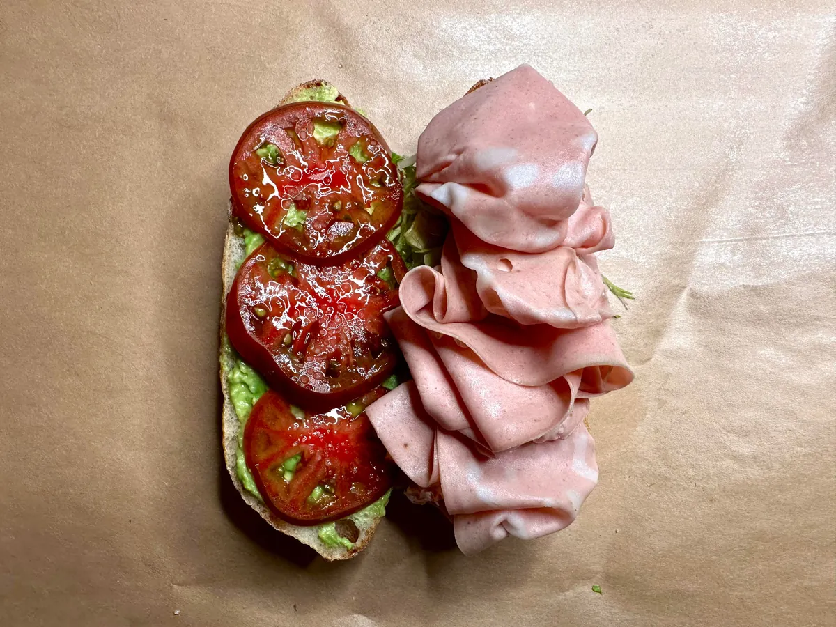 Mortadella, mozzarella, and avocado on [homemade] sandwich roll