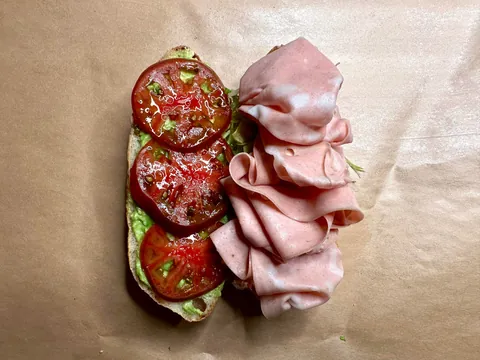 Mortadella, mozzarella, and avocado on [homemade] sandwich roll