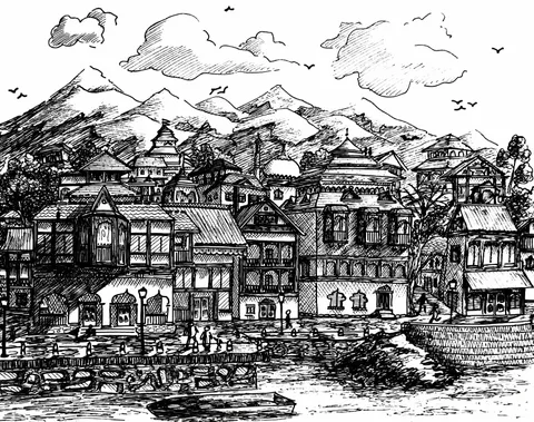 I drew a fictional Kashmiri town. What do you think of it?