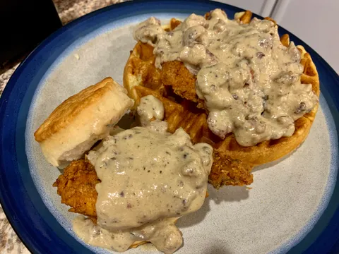 Two of the kids wanted biscuits and gravy and the other two wanted chicken and waffles. Lucky for them, I wanted both.