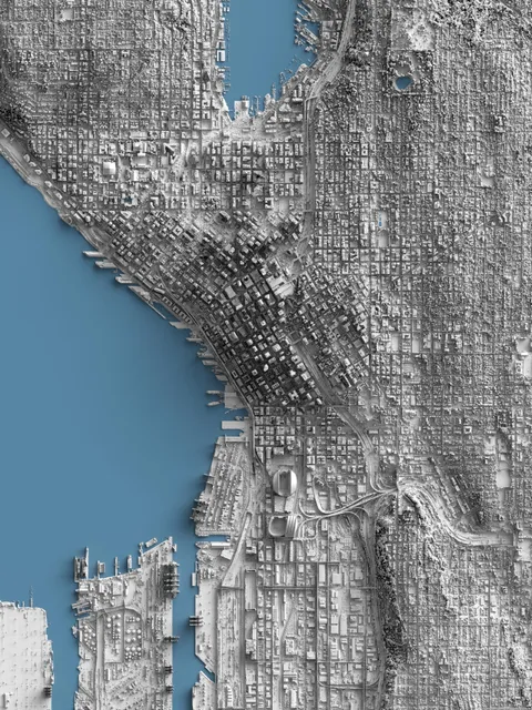[OC] Detailed relief map of Seattle, WA created from LiDAR data with ReliefViz