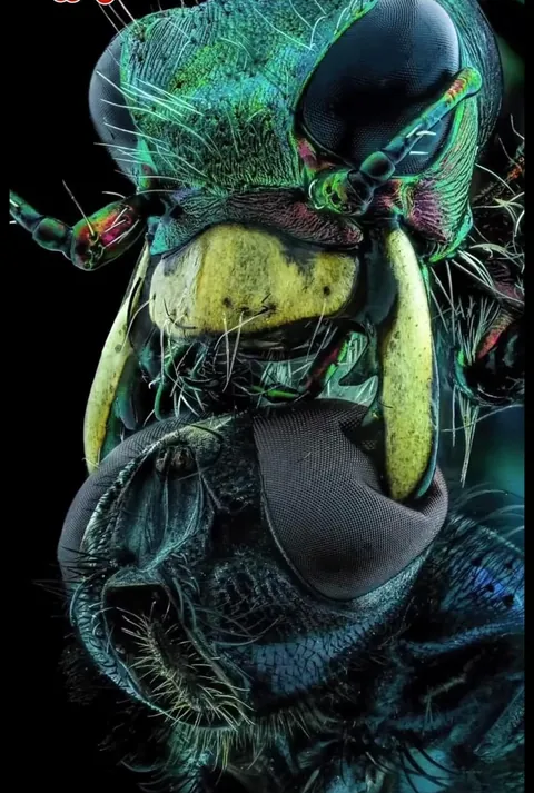 Microscope photo of a fly getting bitten by a tiger hornet