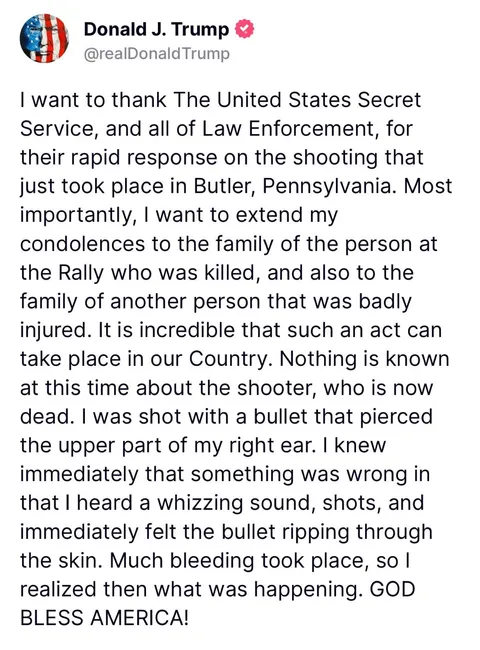 Trump releases statement after assassination attempt