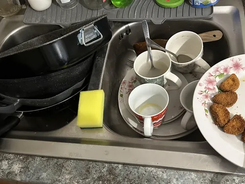 The dishes my partner said he was going to wash while I was showering. It’s morning now.