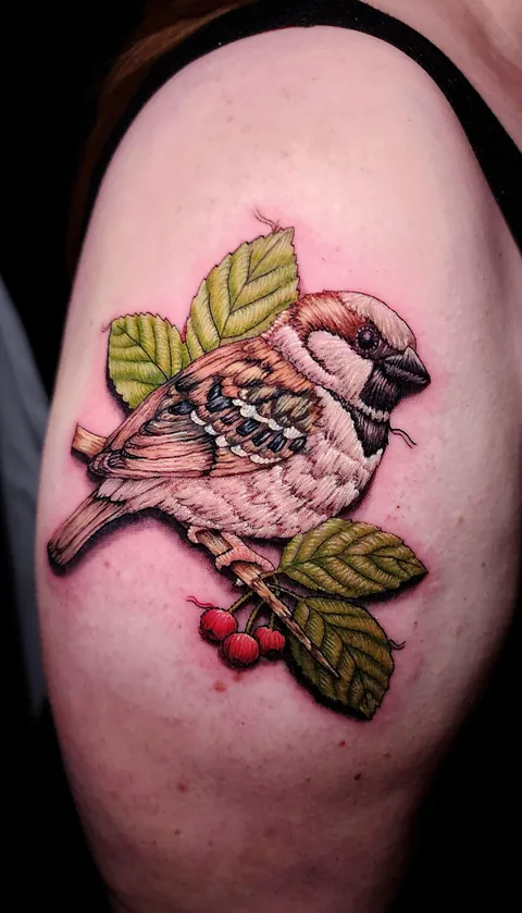 Embroidered Sparrow Coverup by Will Burke @ The Lions Den Tattoo Company, Prescott AZ