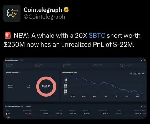 A whale with a 20X BTC short worth $250M now has an unrealized PnL of $-22M