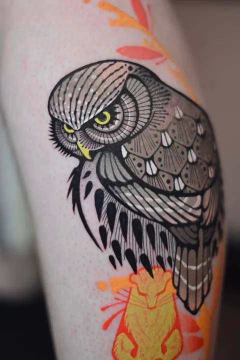 Pygmy owl by me, Max Murphy at Living Lore Tattoo in Ellicott City, MD