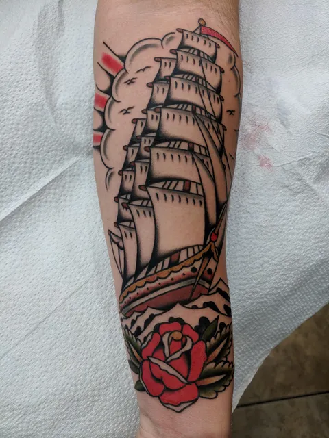 First traditional piece done by Sterling Barck at Costa Mesa Tattoo in Costa Mesa, CA.